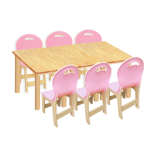 고무나무 3조각 6인  사각 책상의자세트(분홍 파스텔 의자)