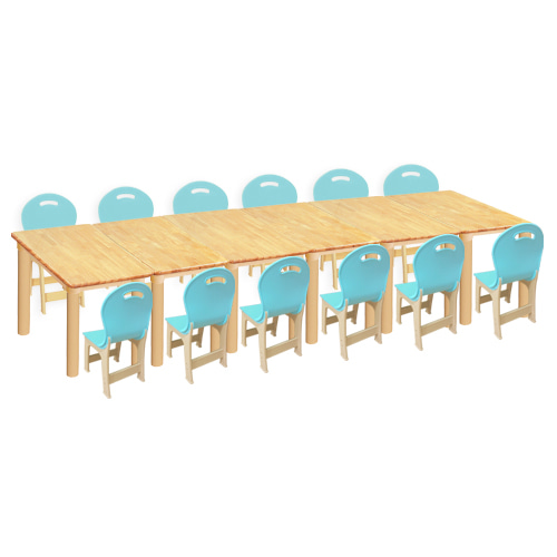 고무나무 6조각 12인 사각 책상의자세트(옥색 파스텔 의자)