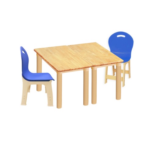 고무나무 2조각 2인 사각 책상의자세트(파랑 파스텔 의자)
