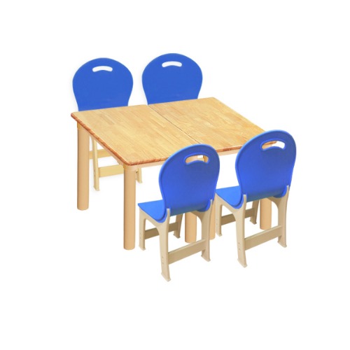 대형 고무나무 2조각4인 사각 책상의자세트(파랑 파스텔 의자)