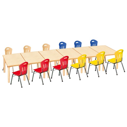 안전 자작합판 대형 사각 6조각 12인 책상의자세트(빨강+노랑+파랑+비취 수강의자)