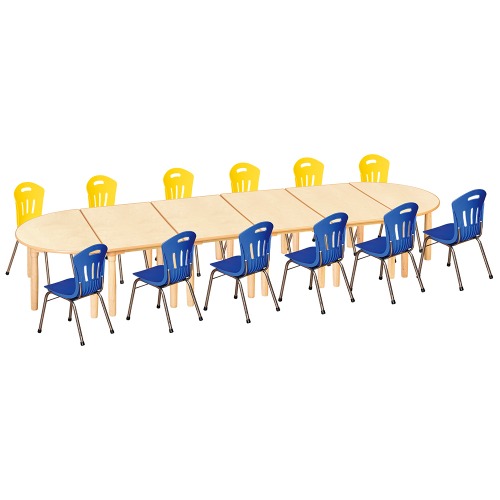 안전 자작합판 대형 반달 6조각 12인 책상의자세트(노랑+파랑 수강의자)
