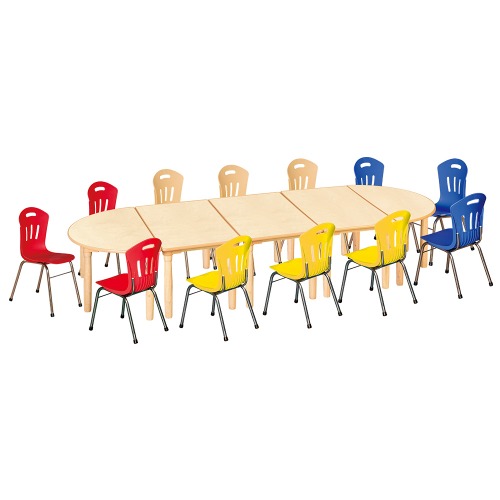 안전 자작합판 대형 반달 5조각 12인 책상의자세트(빨강+노랑+파랑+비취 수강의자)