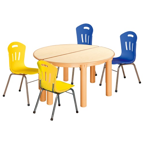 안전 자작합판 반달 2조각 4인 책상의자세트(노랑+파랑 수강의자)