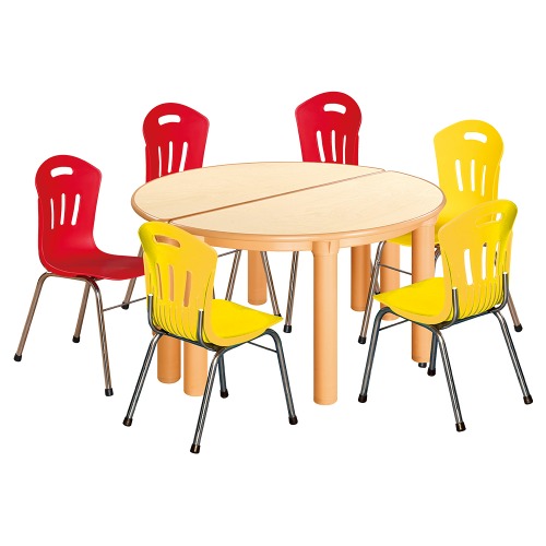 안전 자작합판 반달 2조각 6인 책상의자세트(빨강+노랑 수강의자)