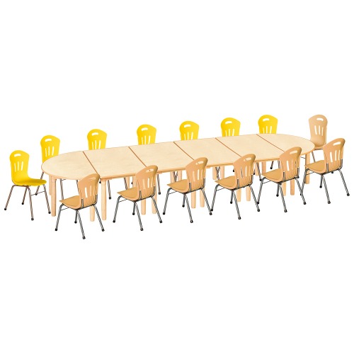 안전 자작합판 대형 반달 6조각 14인 책상의자세트(노랑+비취 수강의자)