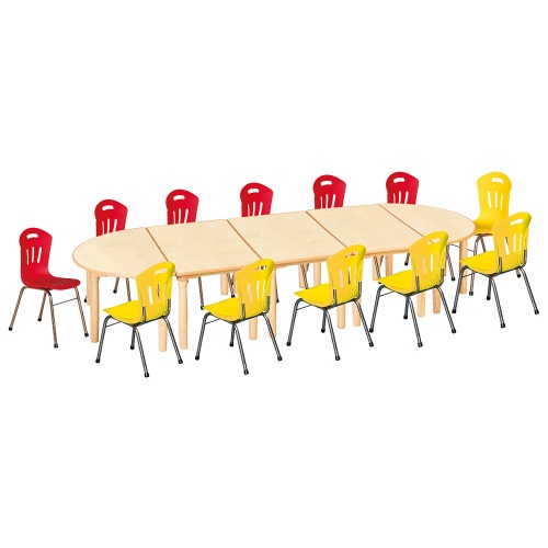 안전 자작합판 대형 반달 5조각 12인 책상의자세트(빨강+노랑 수강의자)