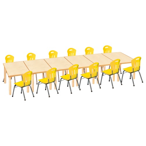 안전 자작합판 대형 사각 6조각 12인 책상의자세트(노랑 수강의자)