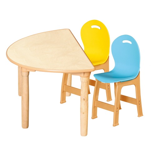 안전 자작합판 대형 반달 1조각 2인 책상의자세트(노랑+하늘 파스텔의자)