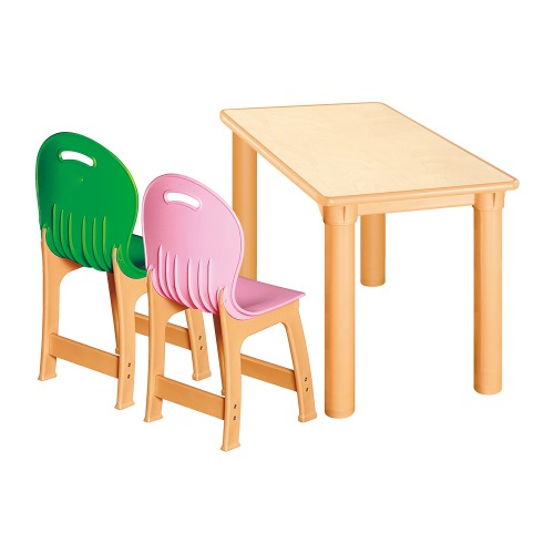 안전 자작합판 사각 1조각 2인 책상의자세트(초록+분홍 파스텔의자)