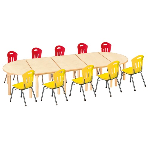 안전 자작합판 대형 반달 5조각 10인 책상의자세트(빨강+노랑 수강의자)