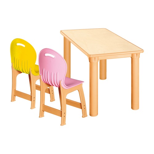안전 자작합판 사각 1조각 2인 책상의자세트(노랑+분홍 파스텔의자)