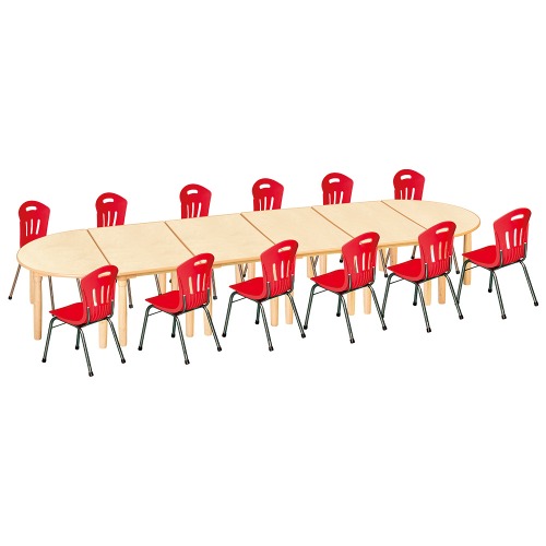 안전 자작합판 대형 반달 6조각 12인 책상의자세트(빨강 수강의자)