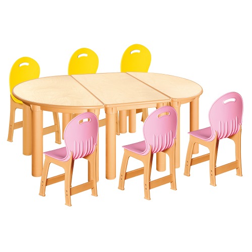 안전 자작합판 반달 3조각 6인 책상의자세트(노랑+분홍 파스텔의자)