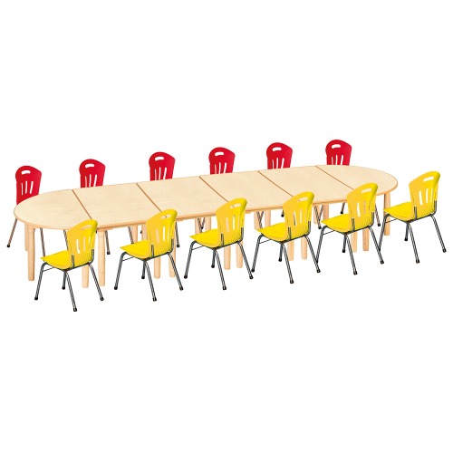 안전 자작합판 대형 반달 6조각 12인 책상의자세트(빨강+노랑 수강의자)