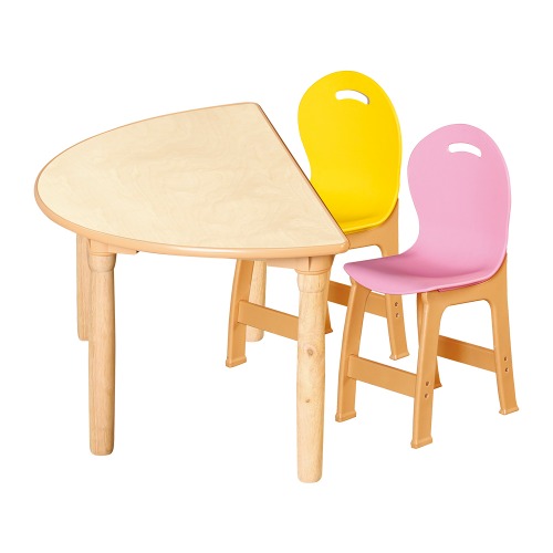 안전 자작합판 대형 반달 1조각 2인 책상의자세트(노랑+분홍 파스텔의자)