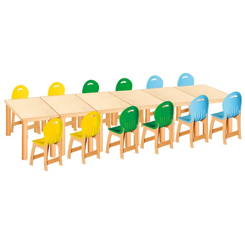 안전 자작합판 사각 6조각 12인 책상의자세트(노랑+초록+하늘 파스텔의자)