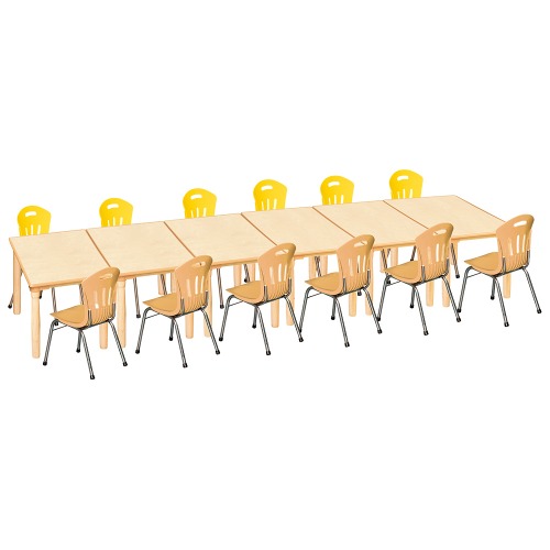 안전 자작합판 대형 사각 6조각 12인 책상의자세트(노랑+비취 수강의자)