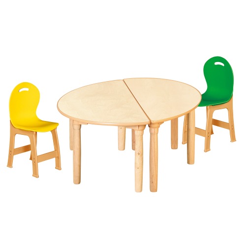 안전 자작합판 대형 반달 2조각 2인 책상의자세트(노랑+초록 파스텔의자)