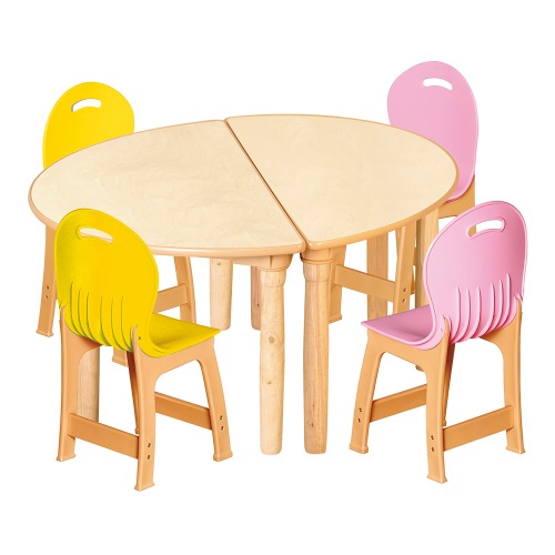 안전 자작합판 대형 반달 2조각 4인 책상의자세트(노랑+분홍 파스텔의자)