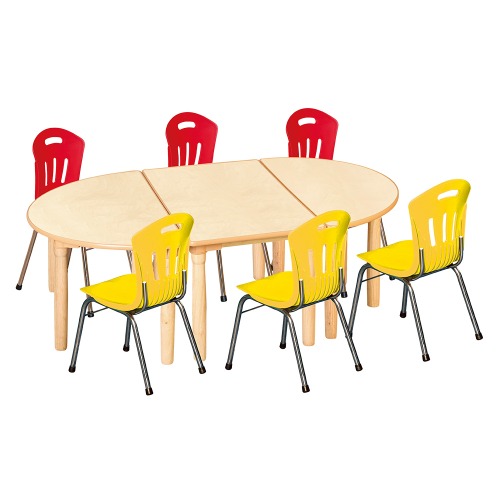 안전 자작합판 대형 반달 3조각 6인 책상의자세트(빨강+노랑 수강의자)