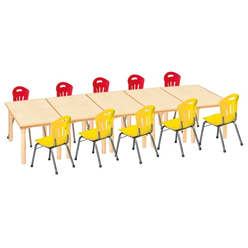 안전 자작합판 대형 사각 5조각 10인 책상의자세트(빨강+노랑 수강의자)