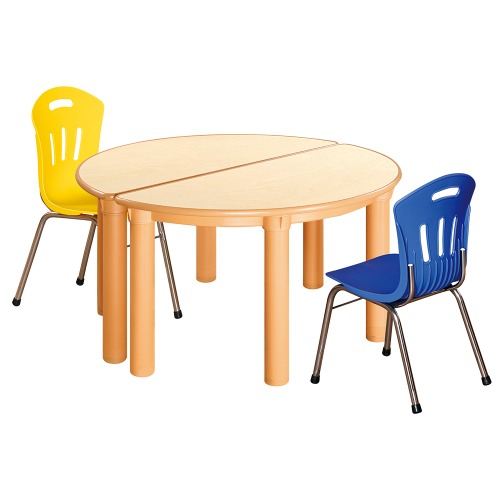 안전 자작합판 반달 2조각 2인 책상의자세트(노랑+파랑 수강의자)