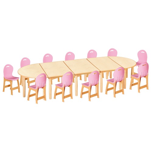 안전 자작합판 대형 반달 5조각 12인 책상의자세트(분홍 파스텔의자)