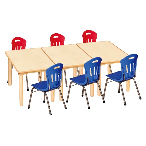 안전 자작합판 대형 사각 3조각 6인 책상의자세트(빨강+파랑 수강의자)