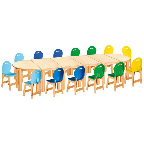 안전 자작합판 반달 6조각 14인 책상의자세트(하늘+파랑+초록+노랑 파스텔의자)