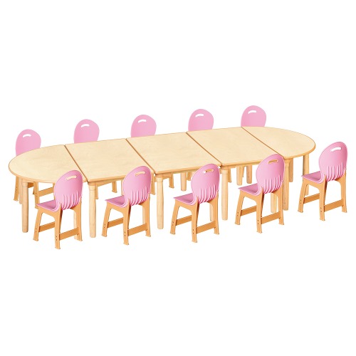 안전 자작합판 대형 반달 5조각 10인 책상의자세트(분홍 파스텔의자)