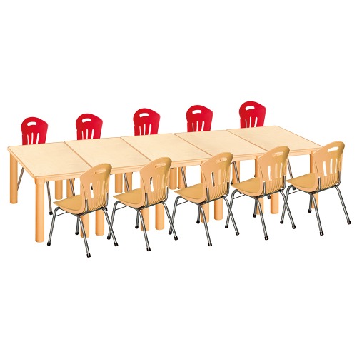 안전 자작합판 사각 5조각 10인 책상의자세트(빨강+비취 수강의자)
