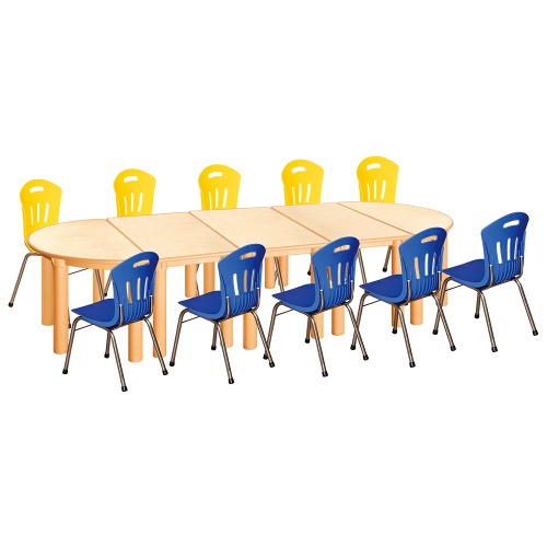 안전 자작합판 반달 5조각 10인 책상의자세트(노랑+파랑 수강의자)