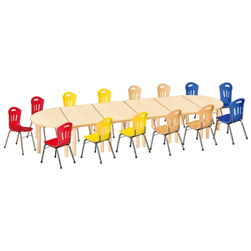 안전 자작합판 대형 반달 6조각 14인 책상의자세트(빨강3+노랑4+비취4+파랑3 수강의자)