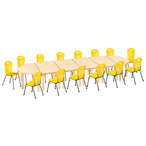 안전 자작합판 대형 반달 6조각 14인 책상의자세트(노랑 수강의자)