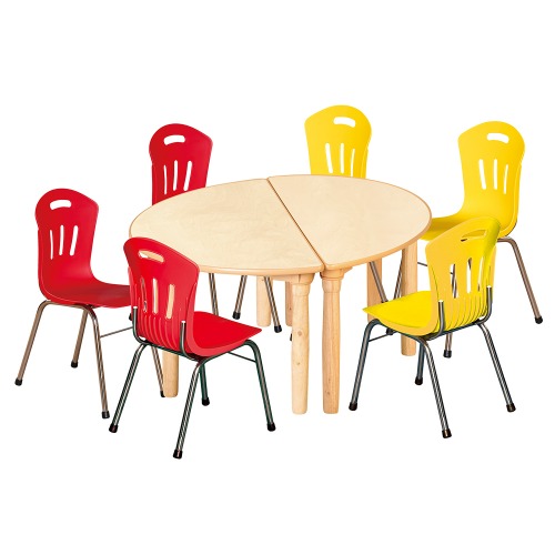 안전 자작합판 대형 반달 2조각 6인 책상의자세트(빨강+노랑 수강의자)
