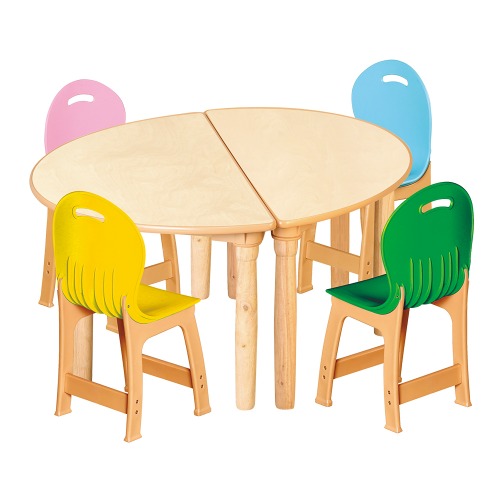 안전 자작합판 대형 반달 2조각 4인 책상의자세트(노랑+초록+분홍+하늘 파스텔의자)