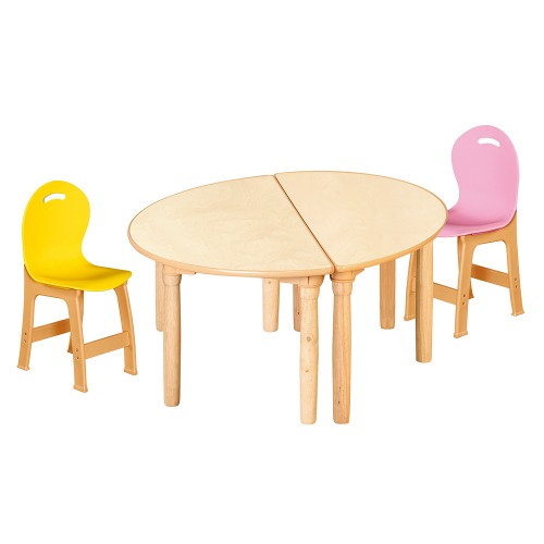 안전 자작합판 대형 반달 2조각 2인 책상의자세트(노랑+분홍 파스텔의자)