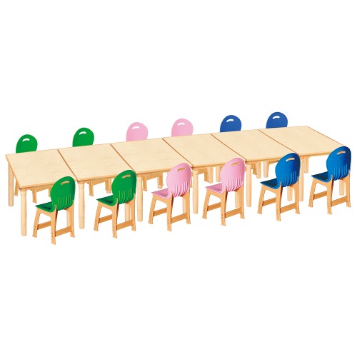 안전 자작합판 대형 사각 6조각 12인 책상의자세트(초록+분홍+파랑 파스텔의자)