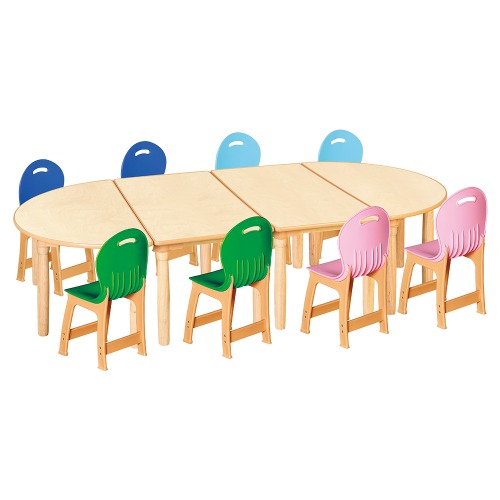 안전 자작합판 대형 반달 4조각 8인 책상의자세트(초록+분홍+하늘+파랑 파스텔의자)