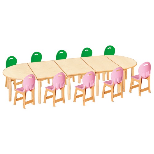 안전 자작합판 대형 반달 5조각 10인 책상의자세트(초록+분홍 파스텔의자)