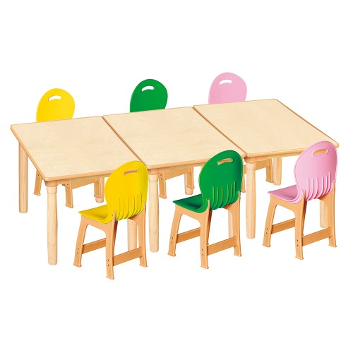 안전 자작합판 대형 사각 3조각 6인 책상의자세트(노랑+초록+분홍 파스텔의자)