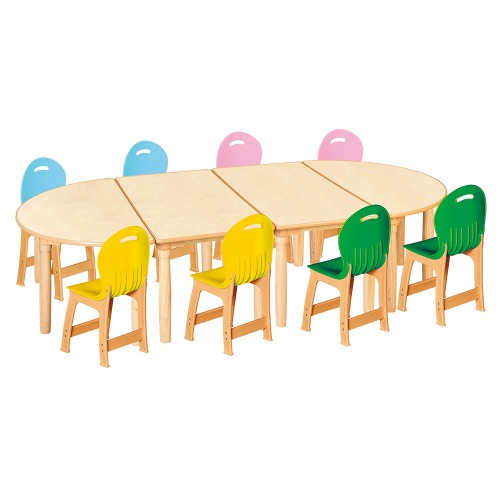 안전 자작합판 대형 반달 4조각 8인 책상의자세트(노랑+초록+분홍+하늘 파스텔의자)