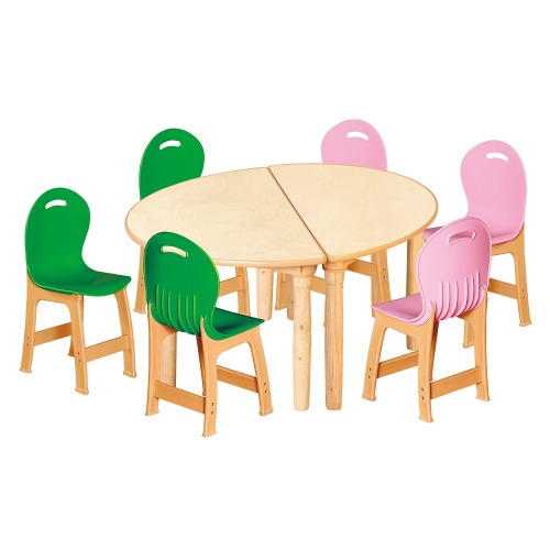 안전 자작합판 대형 반달 2조각 6인 책상의자세트(초록+분홍 파스텔의자)