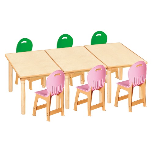 안전 자작합판 대형 사각 3조각 6인 책상의자세트(초록+분홍 파스텔의자)