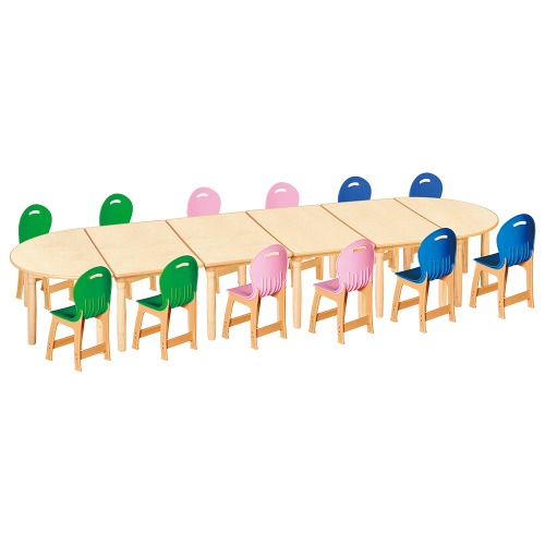 안전 자작합판 대형 반달 6조각 12인 책상의자세트(초록+분홍+파랑 파스텔의자)