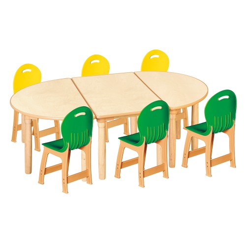 안전 자작합판 대형 반달 3조각 6인 책상의자세트(노랑+초록 파스텔의자)