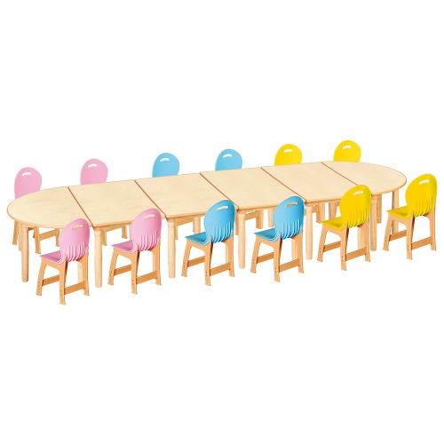 안전 자작합판 대형 반달 6조각 12인 책상의자세트(분홍+하늘+노랑 파스텔의자)