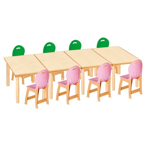 안전 자작합판 대형 사각 4조각 8인 책상의자세트(초록+분홍 파스텔의자)