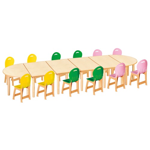 안전 자작합판 대형 반달 6조각 12인 책상의자세트(노랑+초록+분홍 파스텔의자)
